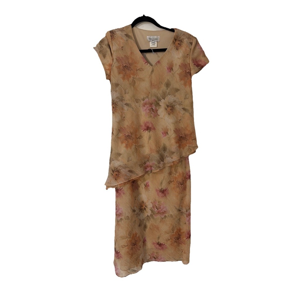 VTG  Miss Dorby Sz‎ 8 Floral Sheer Overlay Skirt Set Tan 2 Pc Set Fairy Y2K